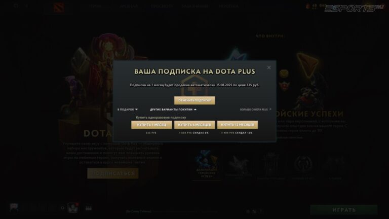 Экран с оформлением покупки Dota Plus