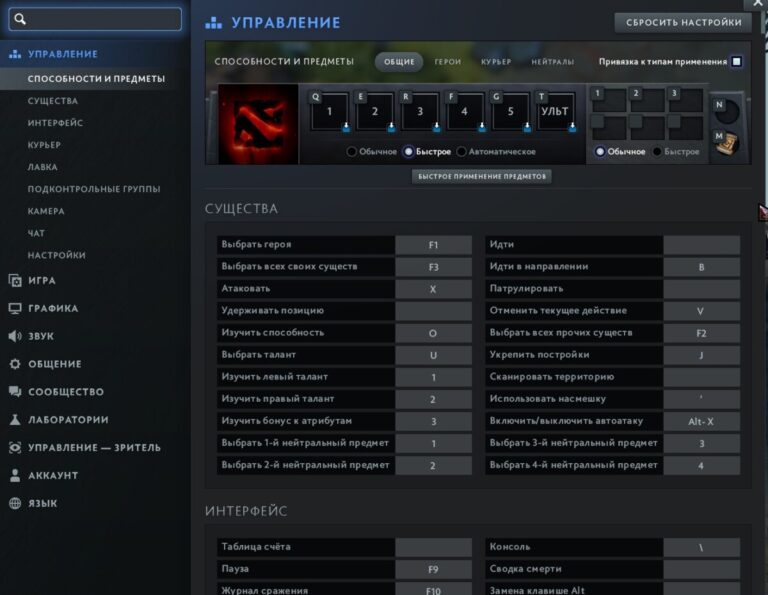 настройки управления Dota 2